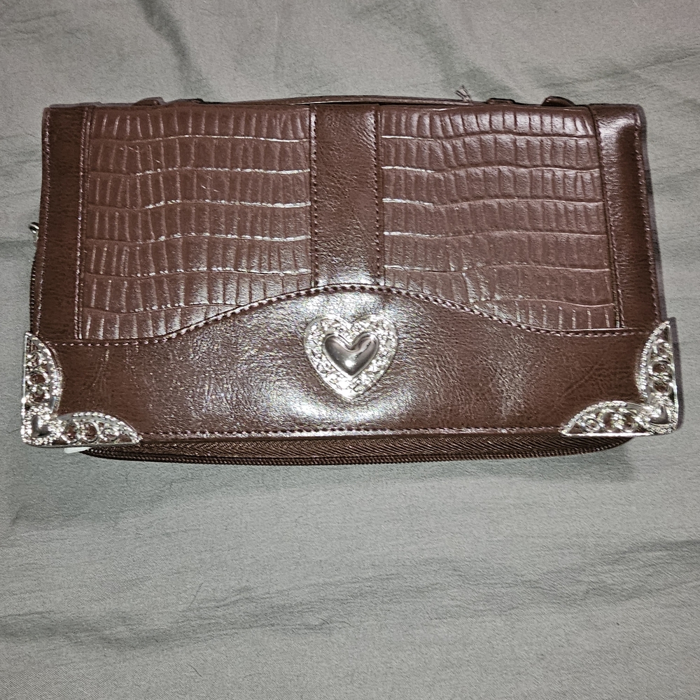 Langoon Leather Brown Crocodile-Embossed Clutch with Silver Accents